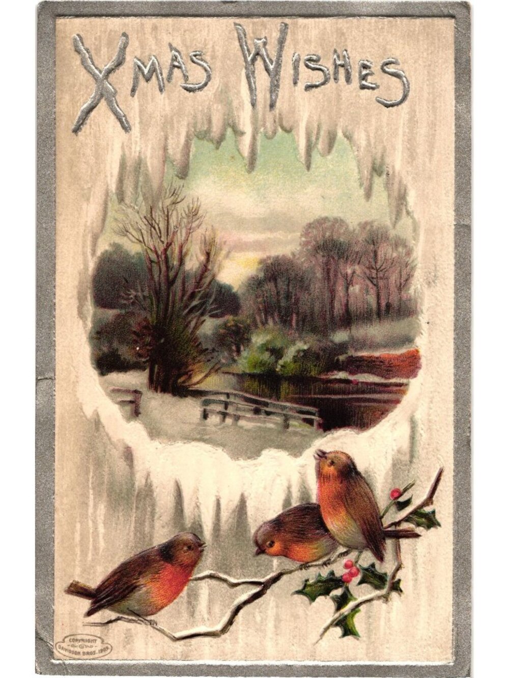 Xmas Wishes Embossed Postcard 1910 Birds Snowy Landscape Davidson Bros